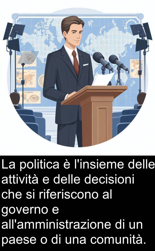 decisioni: La politica è l'insieme delle attività e delle decisioni che si riferiscono al governo e all'amministrazione di un paese o di una comunità.