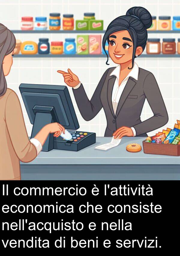 vendita: Il commercio è l'attività economica che consiste nell'acquisto e nella vendita di beni e servizi.