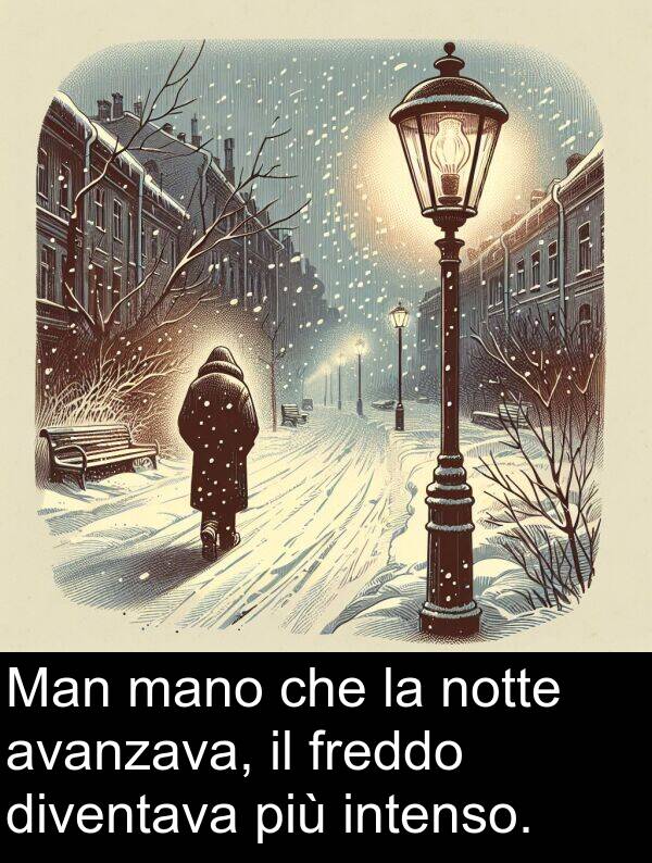 intenso: Man mano che la notte avanzava, il freddo diventava più intenso.