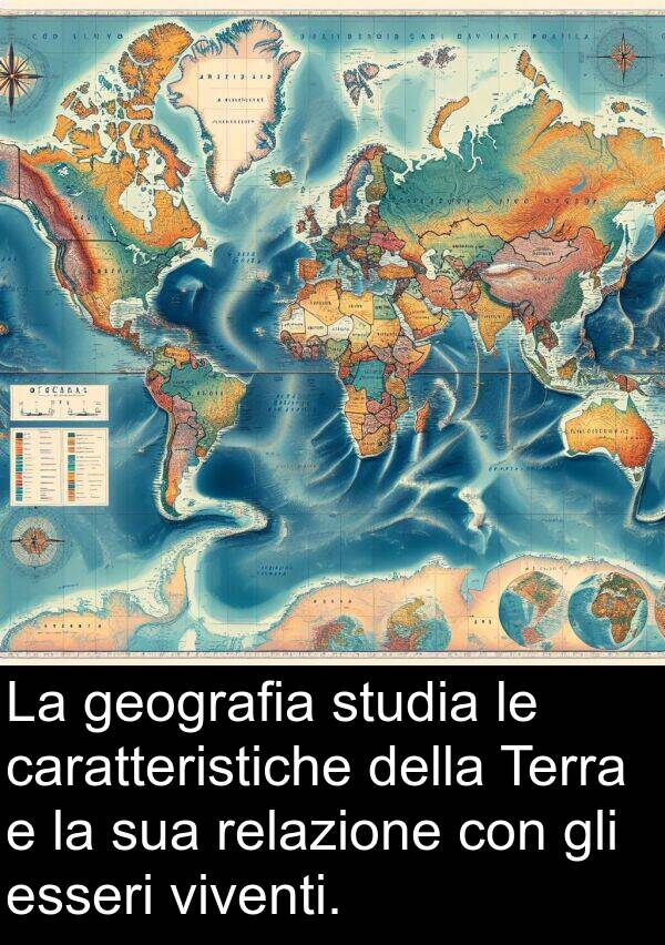 geografia: La geografia studia le caratteristiche della Terra e la sua relazione con gli esseri viventi.