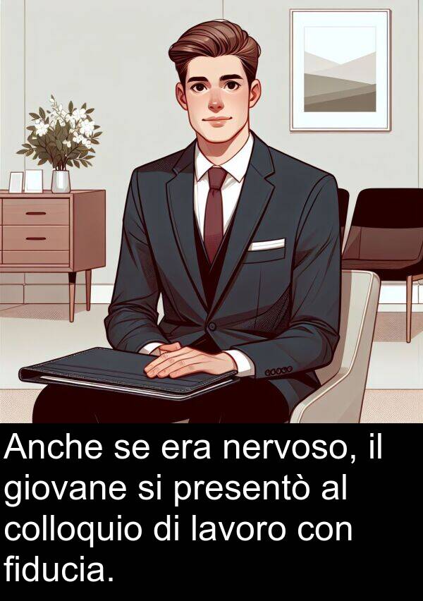 giovane: Anche se era nervoso, il giovane si presentò al colloquio di lavoro con fiducia.