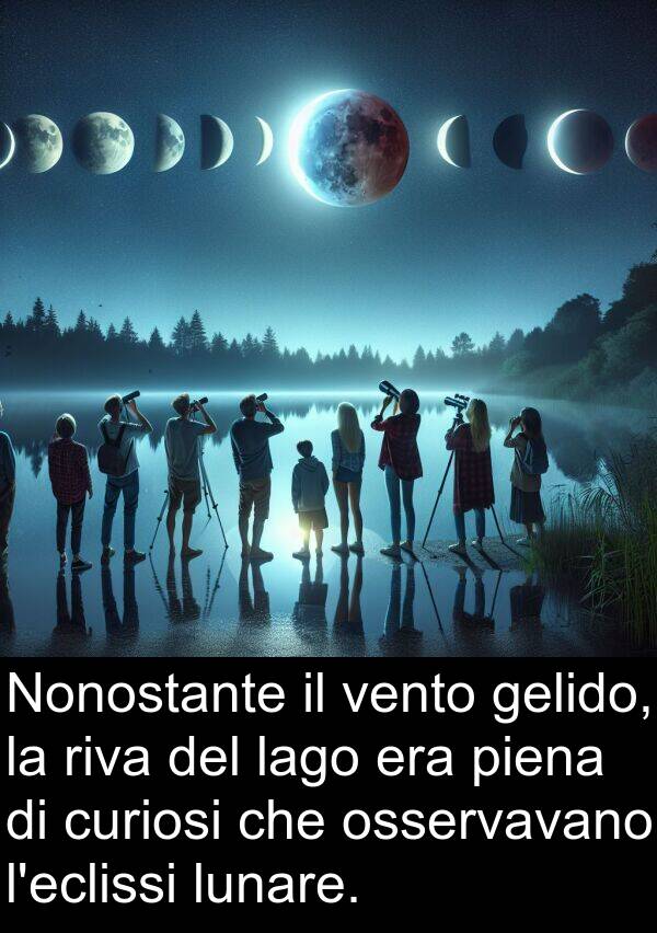 curiosi: Nonostante il vento gelido, la riva del lago era piena di curiosi che osservavano l'eclissi lunare.