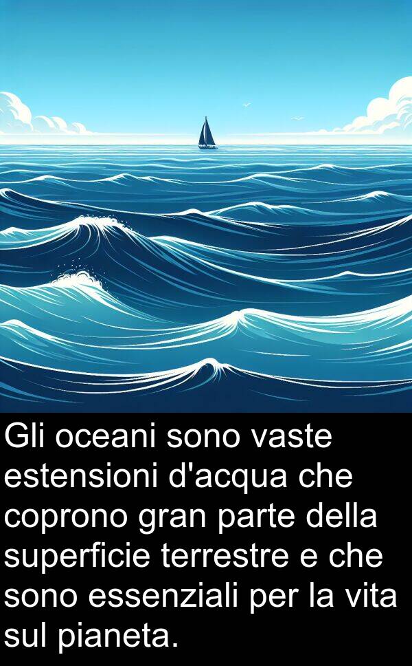 coprono: Gli oceani sono vaste estensioni d'acqua che coprono gran parte della superficie terrestre e che sono essenziali per la vita sul pianeta.