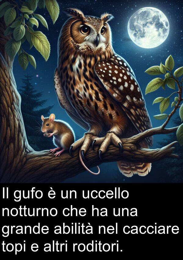 abilità: Il gufo è un uccello notturno che ha una grande abilità nel cacciare topi e altri roditori.