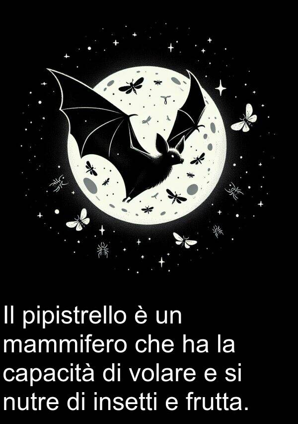 insetti: Il pipistrello è un mammifero che ha la capacità di volare e si nutre di insetti e frutta.