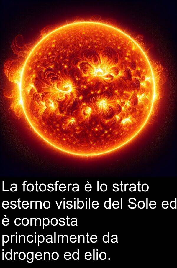 idrogeno: La fotosfera è lo strato esterno visibile del Sole ed è composta principalmente da idrogeno ed elio.