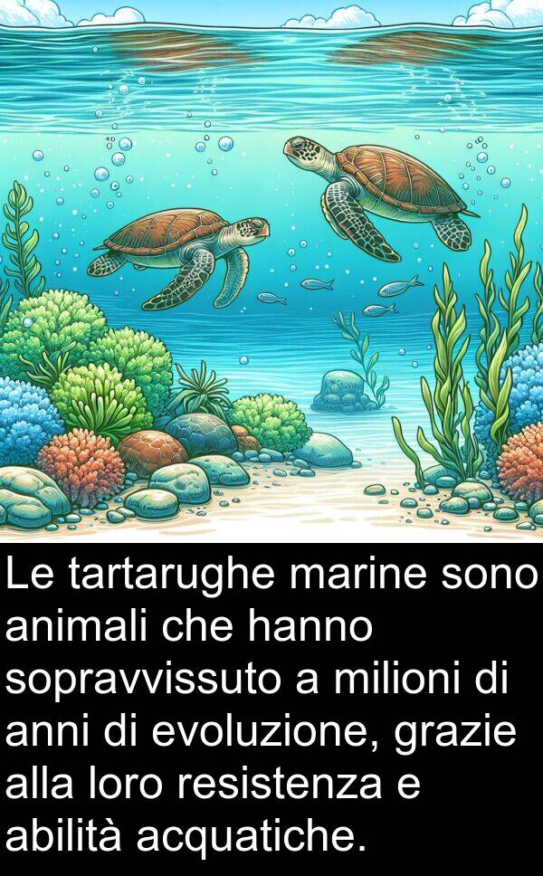 abilità: Le tartarughe marine sono animali che hanno sopravvissuto a milioni di anni di evoluzione, grazie alla loro resistenza e abilità acquatiche.