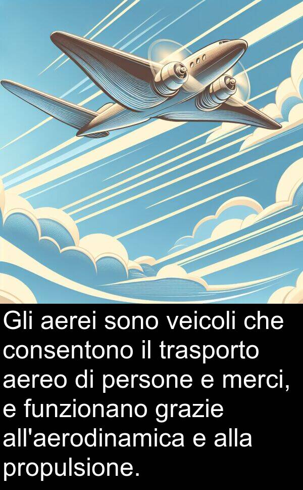 veicoli: Gli aerei sono veicoli che consentono il trasporto aereo di persone e merci, e funzionano grazie all'aerodinamica e alla propulsione.