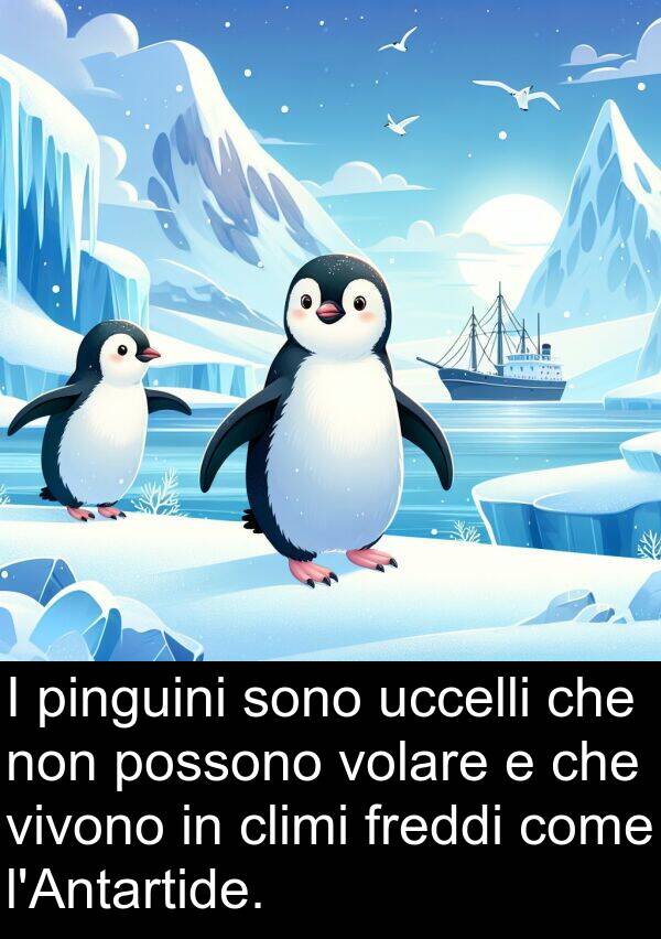 uccelli: I pinguini sono uccelli che non possono volare e che vivono in climi freddi come l'Antartide.