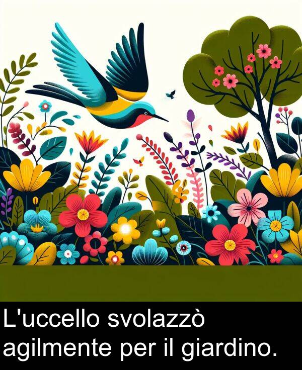 agilmente: L'uccello svolazzò agilmente per il giardino.