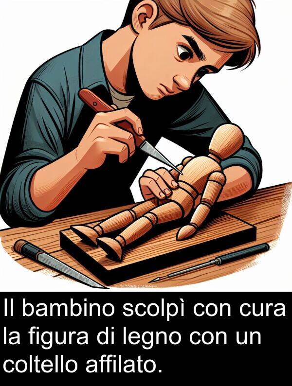 bambino: Il bambino scolpì con cura la figura di legno con un coltello affilato.