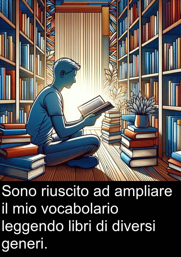 generi: Sono riuscito ad ampliare il mio vocabolario leggendo libri di diversi generi.