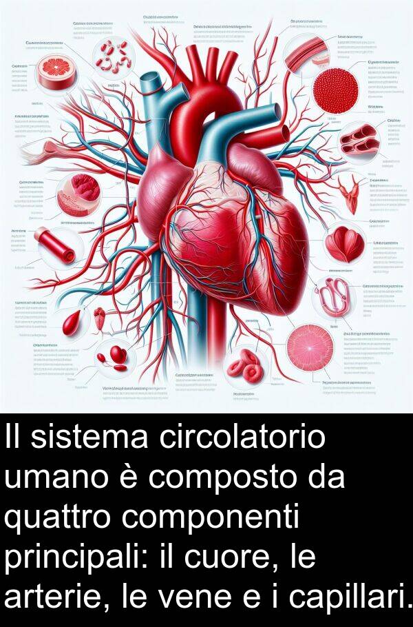 umano: Il sistema circolatorio umano è composto da quattro componenti principali: il cuore, le arterie, le vene e i capillari.