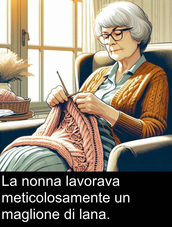 nonna: La nonna lavorava meticolosamente un maglione di lana.