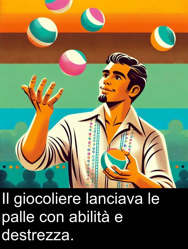 abilità: Il giocoliere lanciava le palle con abilità e destrezza.