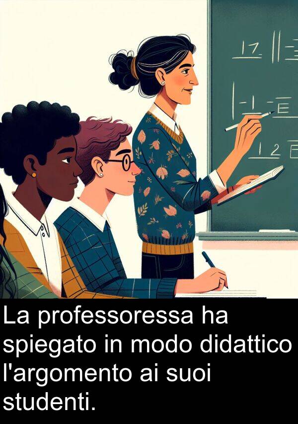 suoi: La professoressa ha spiegato in modo didattico l'argomento ai suoi studenti.