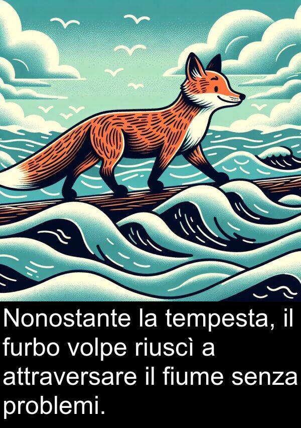 tempesta: Nonostante la tempesta, il furbo volpe riuscì a attraversare il fiume senza problemi.