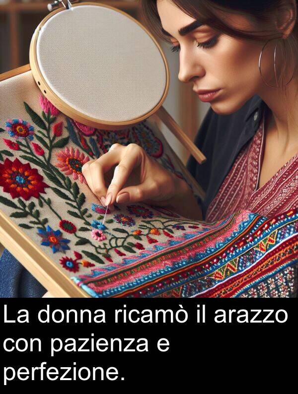 donna: La donna ricamò il arazzo con pazienza e perfezione.