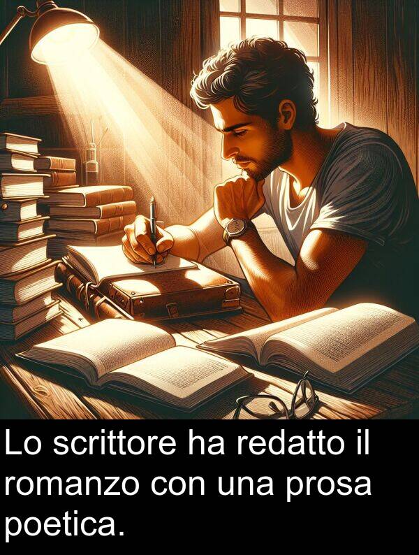 redatto: Lo scrittore ha redatto il romanzo con una prosa poetica.