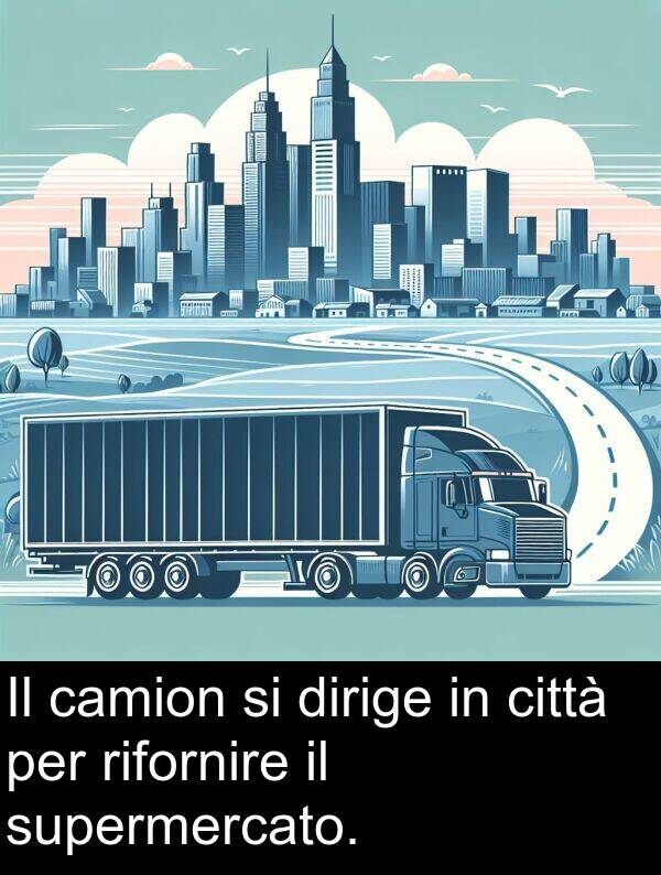 rifornire: Il camion si dirige in città per rifornire il supermercato.