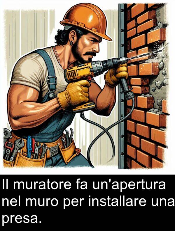 presa: Il muratore fa un'apertura nel muro per installare una presa.