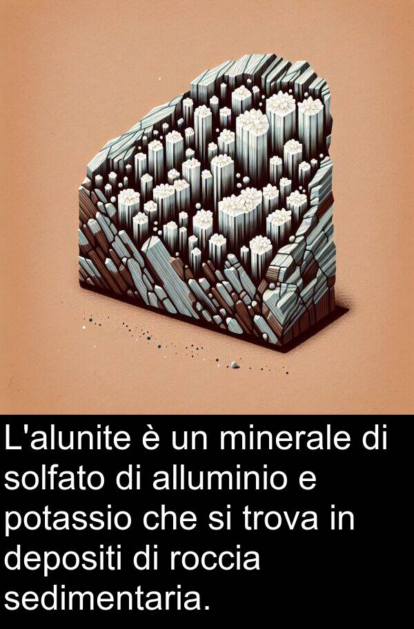 depositi: L'alunite è un minerale di solfato di alluminio e potassio che si trova in depositi di roccia sedimentaria.