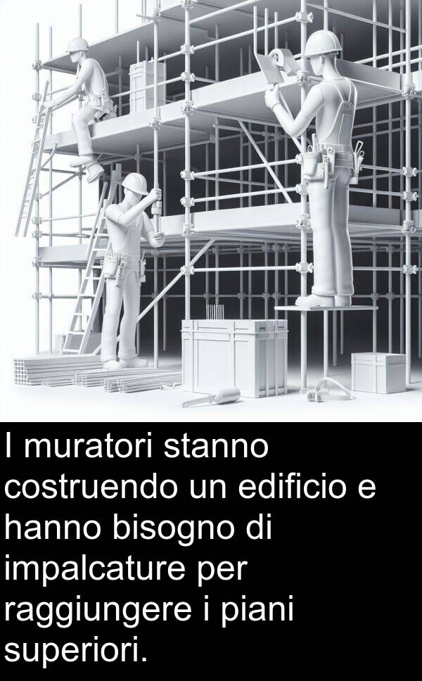 raggiungere: I muratori stanno costruendo un edificio e hanno bisogno di impalcature per raggiungere i piani superiori.