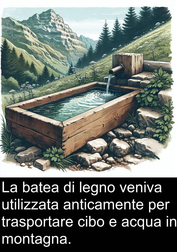 acqua: La batea di legno veniva utilizzata anticamente per trasportare cibo e acqua in montagna.