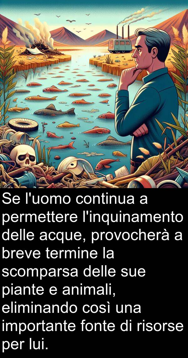 acque: Se l'uomo continua a permettere l'inquinamento delle acque, provocherà a breve termine la scomparsa delle sue piante e animali, eliminando così una importante fonte di risorse per lui.