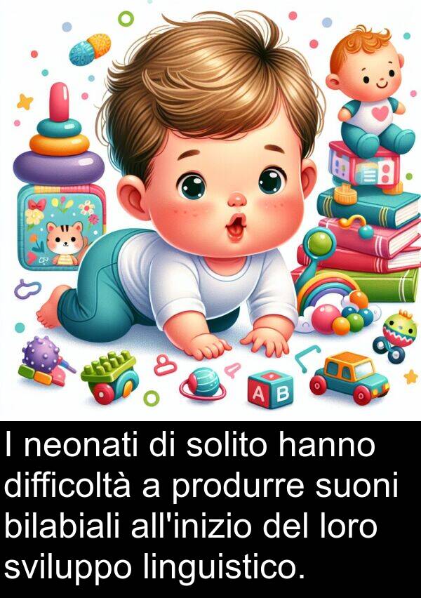 linguistico: I neonati di solito hanno difficoltà a produrre suoni bilabiali all'inizio del loro sviluppo linguistico.