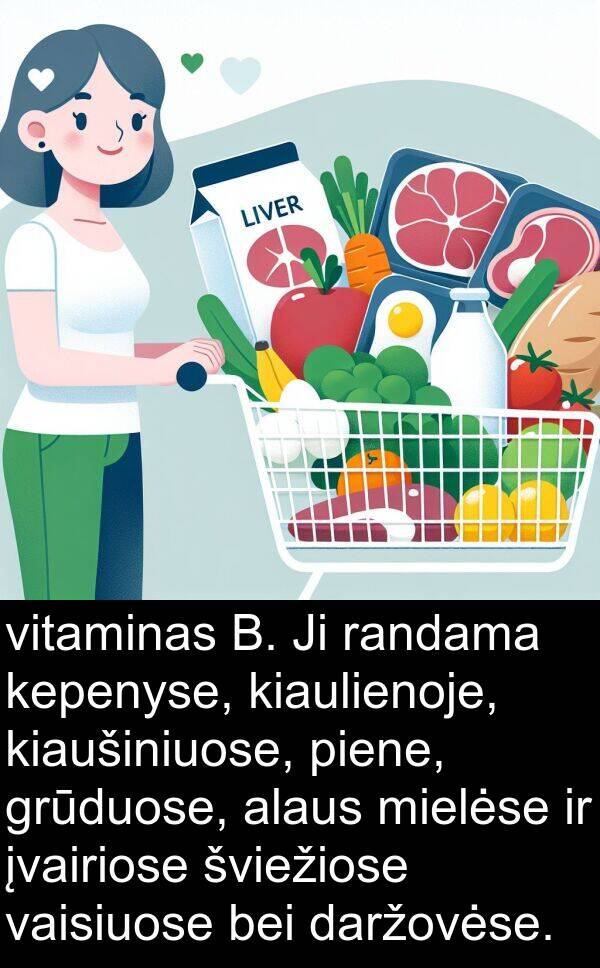 daržovėse: vitaminas B. Ji randama kepenyse, kiaulienoje, kiaušiniuose, piene, grūduose, alaus mielėse ir įvairiose šviežiose vaisiuose bei daržovėse.