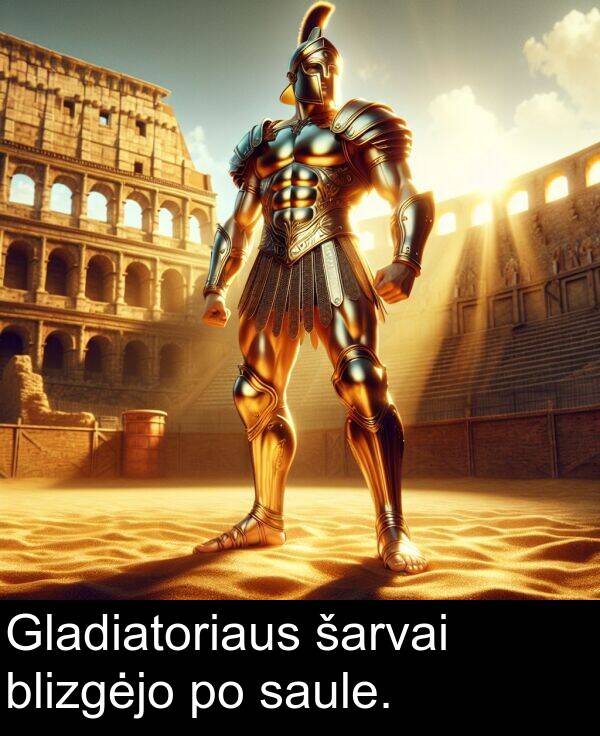 šarvai: Gladiatoriaus šarvai blizgėjo po saule.