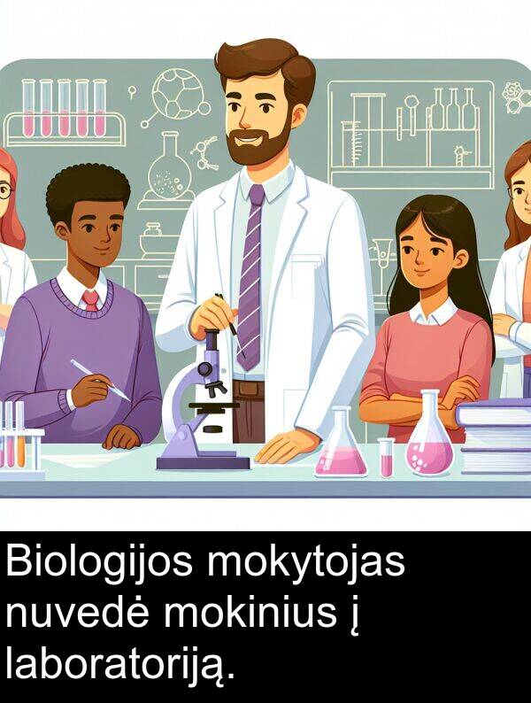 laboratoriją: Biologijos mokytojas nuvedė mokinius į laboratoriją.