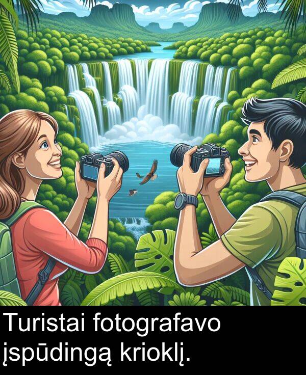 krioklį: Turistai fotografavo įspūdingą krioklį.