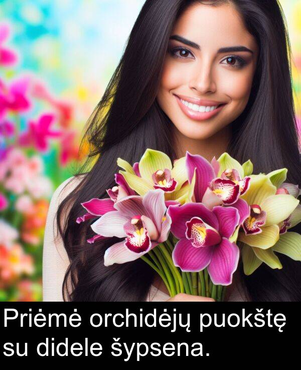 orchidėjų: Priėmė orchidėjų puokštę su didele šypsena.