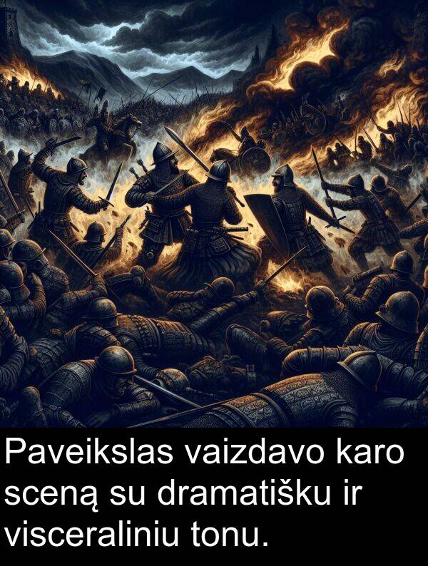 vaizdavo: Paveikslas vaizdavo karo sceną su dramatišku ir visceraliniu tonu.