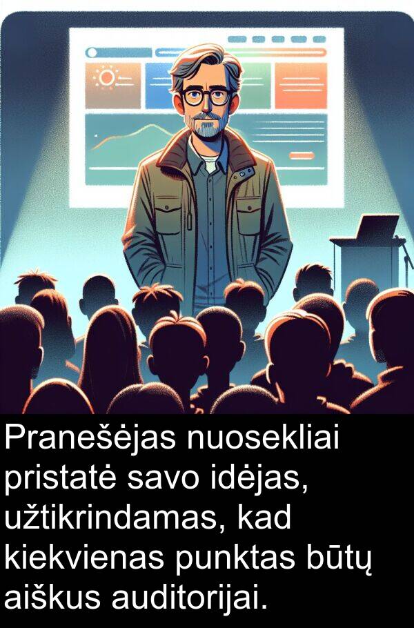 aiškus: Pranešėjas nuosekliai pristatė savo idėjas, užtikrindamas, kad kiekvienas punktas būtų aiškus auditorijai.