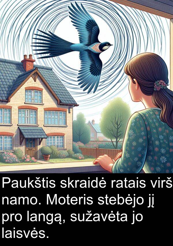 namo: Paukštis skraidė ratais virš namo. Moteris stebėjo jį pro langą, sužavėta jo laisvės.