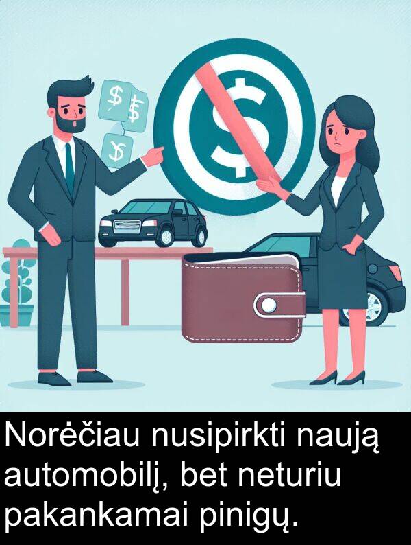 naują: Norėčiau nusipirkti naują automobilį, bet neturiu pakankamai pinigų.