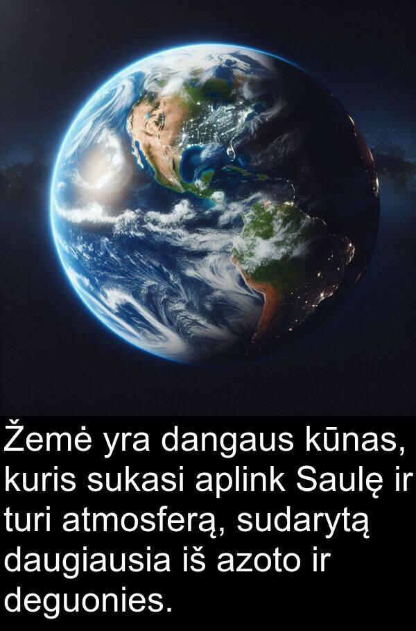 dangaus: Žemė yra dangaus kūnas, kuris sukasi aplink Saulę ir turi atmosferą, sudarytą daugiausia iš azoto ir deguonies.