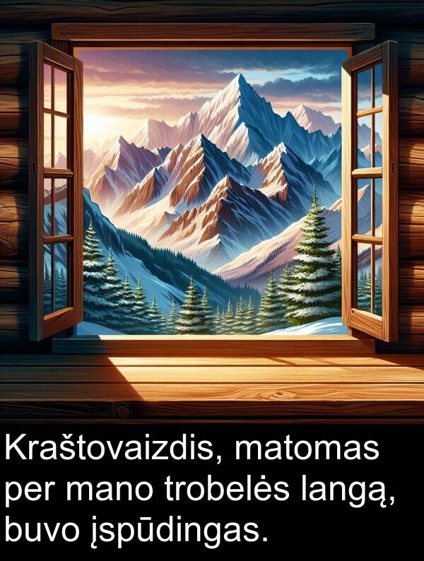 langą: Kraštovaizdis, matomas per mano trobelės langą, buvo įspūdingas.