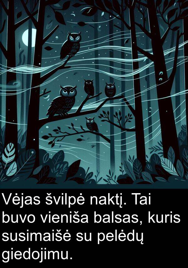 balsas: Vėjas švilpė naktį. Tai buvo vieniša balsas, kuris susimaišė su pelėdų giedojimu.