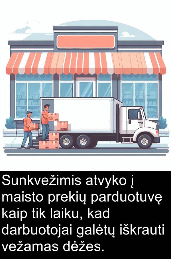 laiku: Sunkvežimis atvyko į maisto prekių parduotuvę kaip tik laiku, kad darbuotojai galėtų iškrauti vežamas dėžes.