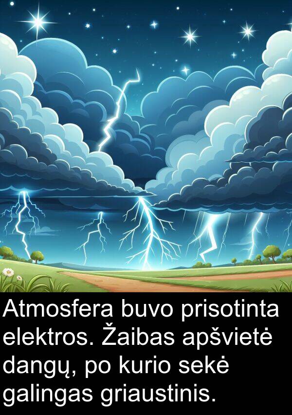 dangų: Atmosfera buvo prisotinta elektros. Žaibas apšvietė dangų, po kurio sekė galingas griaustinis.