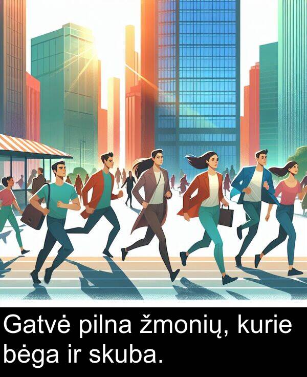 pilna: Gatvė pilna žmonių, kurie bėga ir skuba.