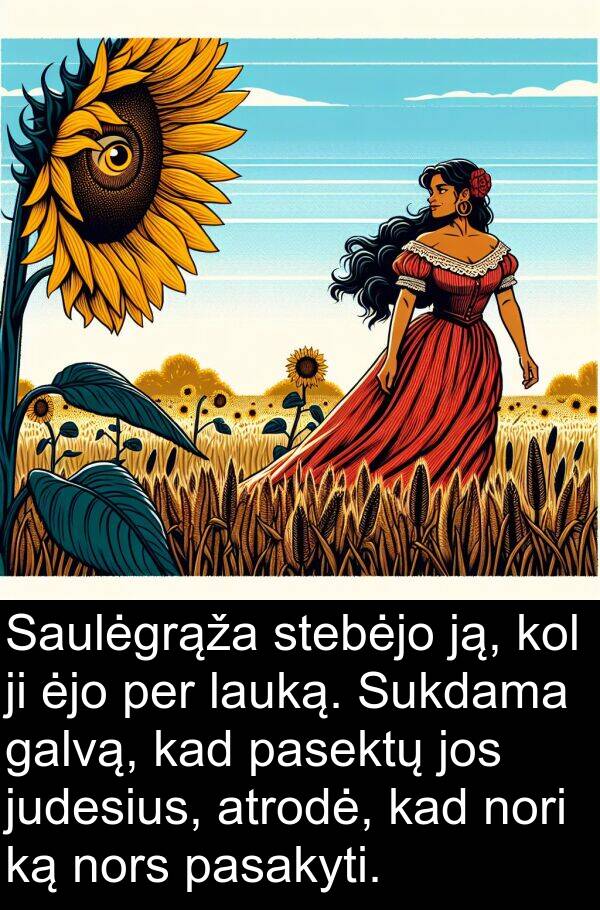 judesius: Saulėgrąža stebėjo ją, kol ji ėjo per lauką. Sukdama galvą, kad pasektų jos judesius, atrodė, kad nori ką nors pasakyti.