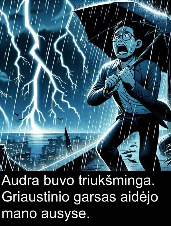 garsas: Audra buvo triukšminga. Griaustinio garsas aidėjo mano ausyse.