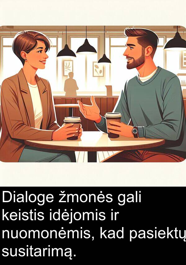 idėjomis: Dialoge žmonės gali keistis idėjomis ir nuomonėmis, kad pasiektų susitarimą.