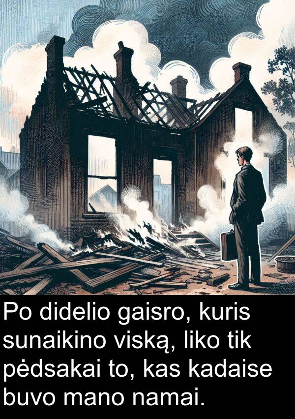 gaisro: Po didelio gaisro, kuris sunaikino viską, liko tik pėdsakai to, kas kadaise buvo mano namai.