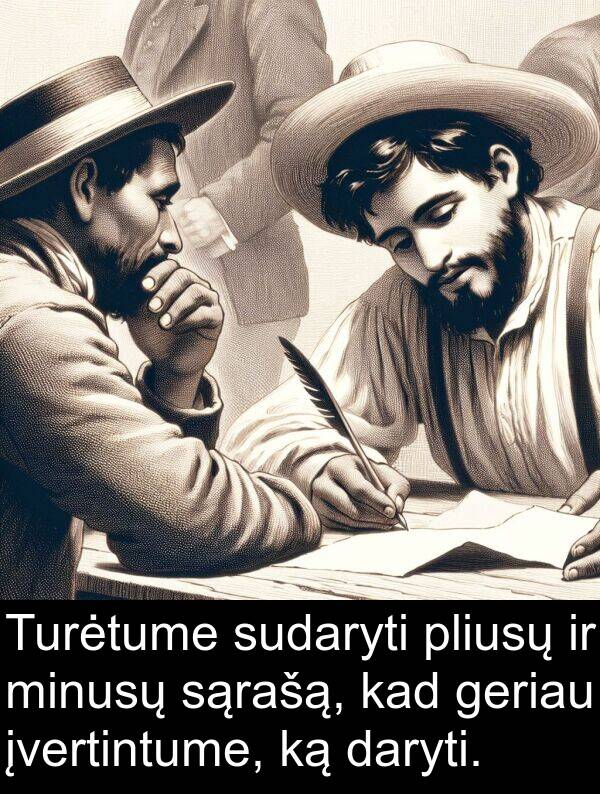 daryti: Turėtume sudaryti pliusų ir minusų sąrašą, kad geriau įvertintume, ką daryti.